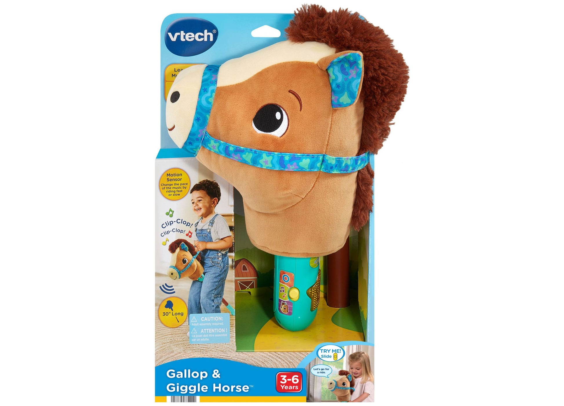 VTech Gallop & Giggle Horse brown plush toy with blue trim, motion sensor, 30 inches long