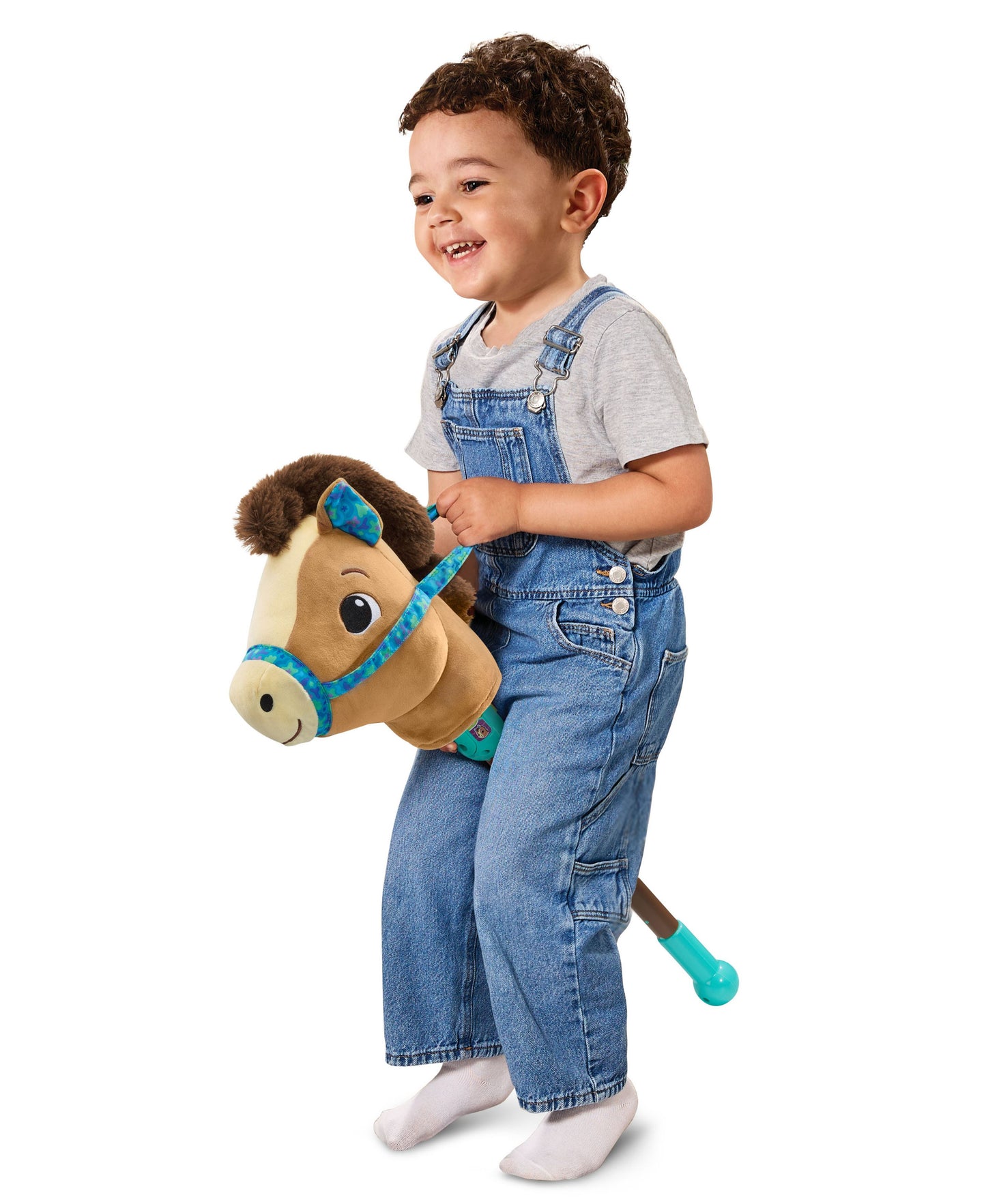 VTech Gallop & Giggle Horse brown plush toy with blue bridle, toddler holding reins