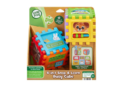 LeapFrog 6-in-1 Snap & Learn Busy Cube with colorful blocks and interactive panels for toddlers