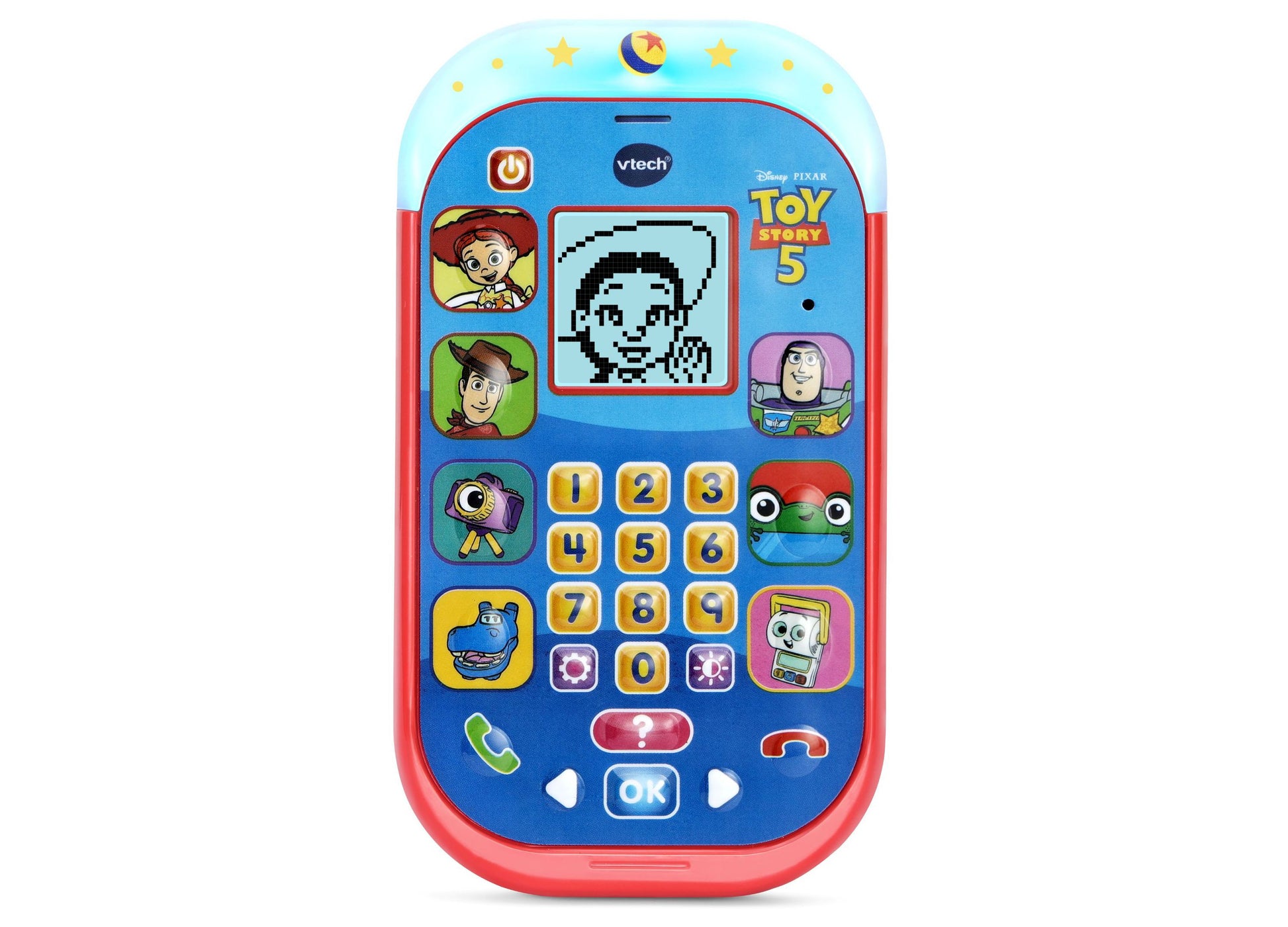 VTech Toy Story 5 Jessie Learning Phone with blue and red design, number pad, and interactive screen