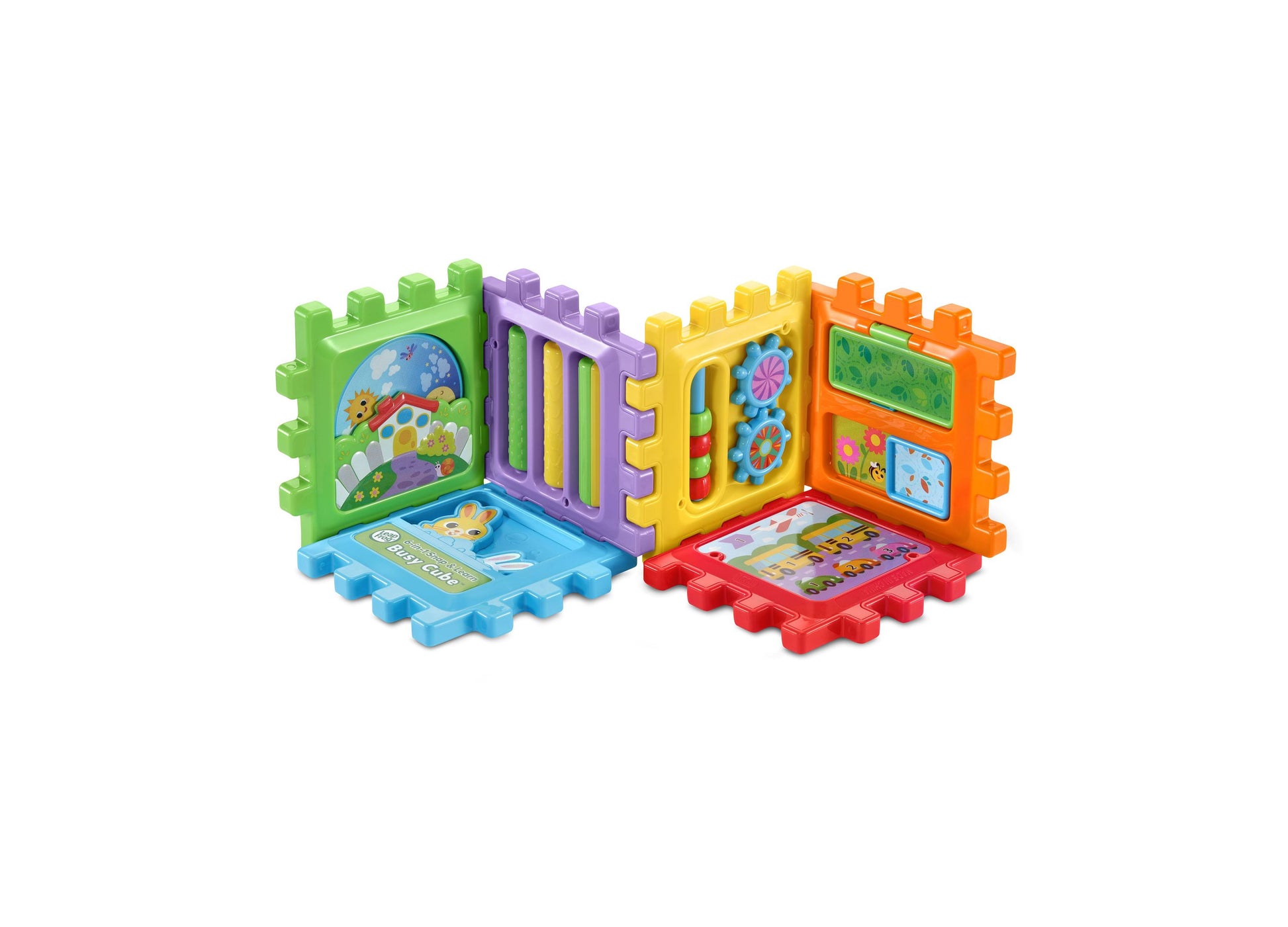 Leapfrog 6-in-1 Snap & Learn Busy Cube with colorful green, purple, yellow, and orange panels