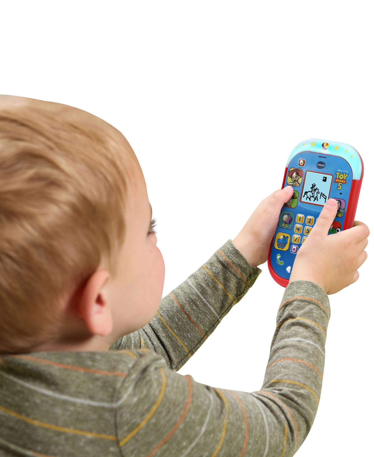 VTech Toy Story Jessie Learning Phone with games in red and blue, held by child