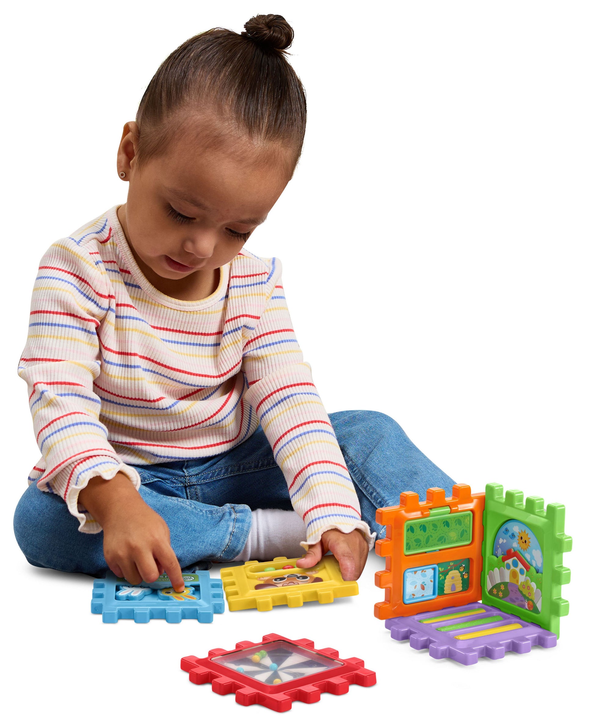 Leapfrog 6-in-1 Snap & Learn Busy Cube with colorful interactive panels in orange, green, purple, and blue