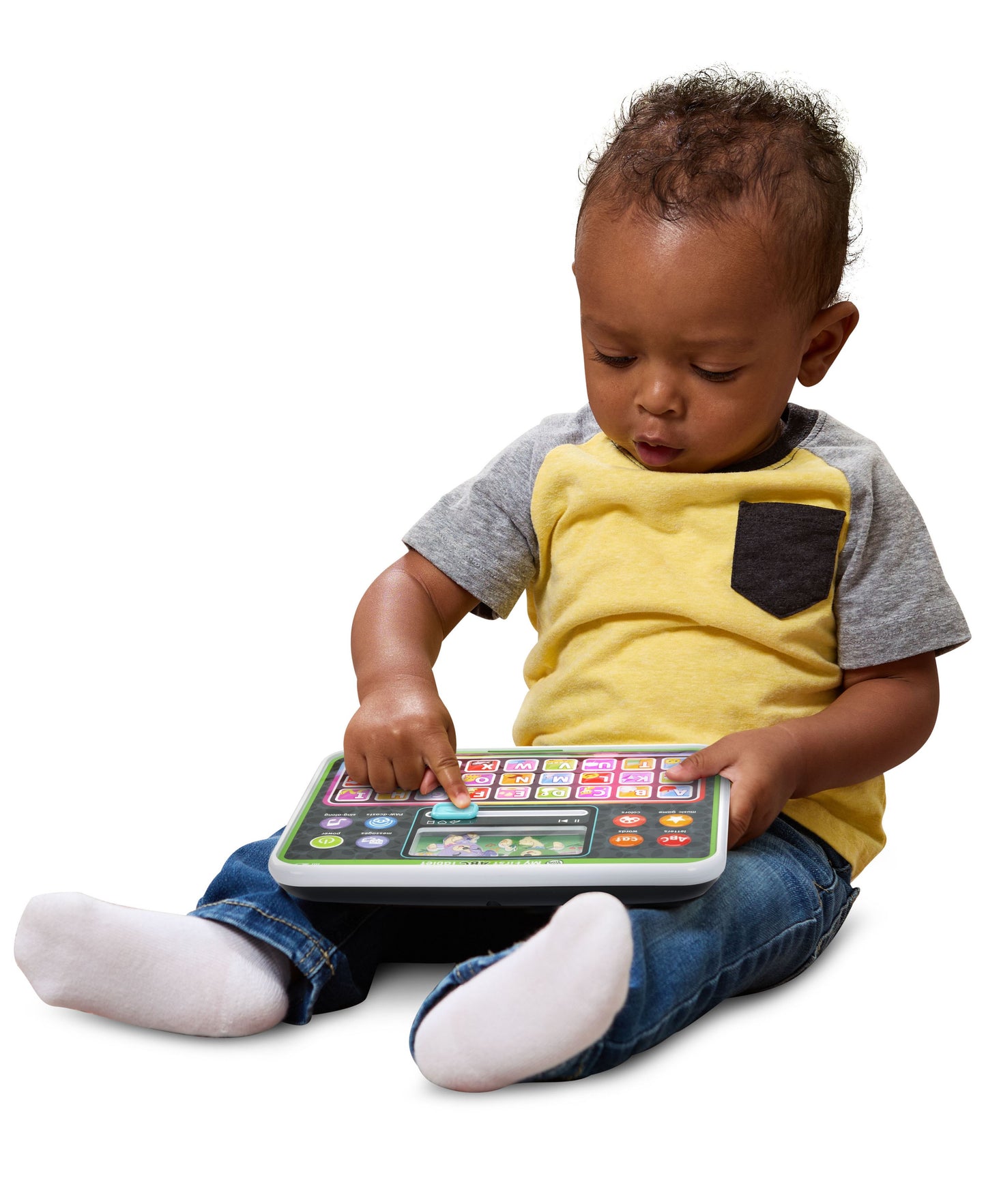 Leapfrog My First ABC Tablet with colorful buttons held by toddler