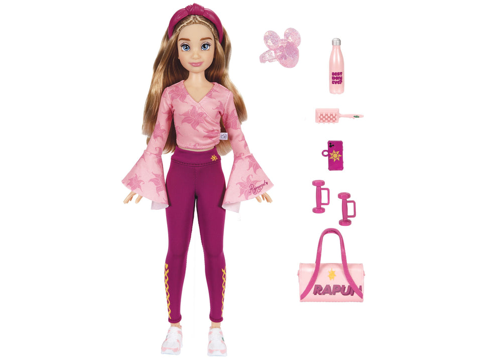Rapunzel fashion doll wearing pink floral top with bell sleeves and magenta leggings, shown with accessories including hairbow, bottle, brush, phone case, micro