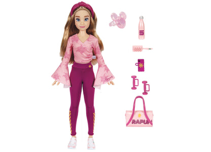 Rapunzel fashion doll wearing pink floral top with bell sleeves and magenta leggings, shown with accessories including hairbow, bottle, brush, phone case, micro