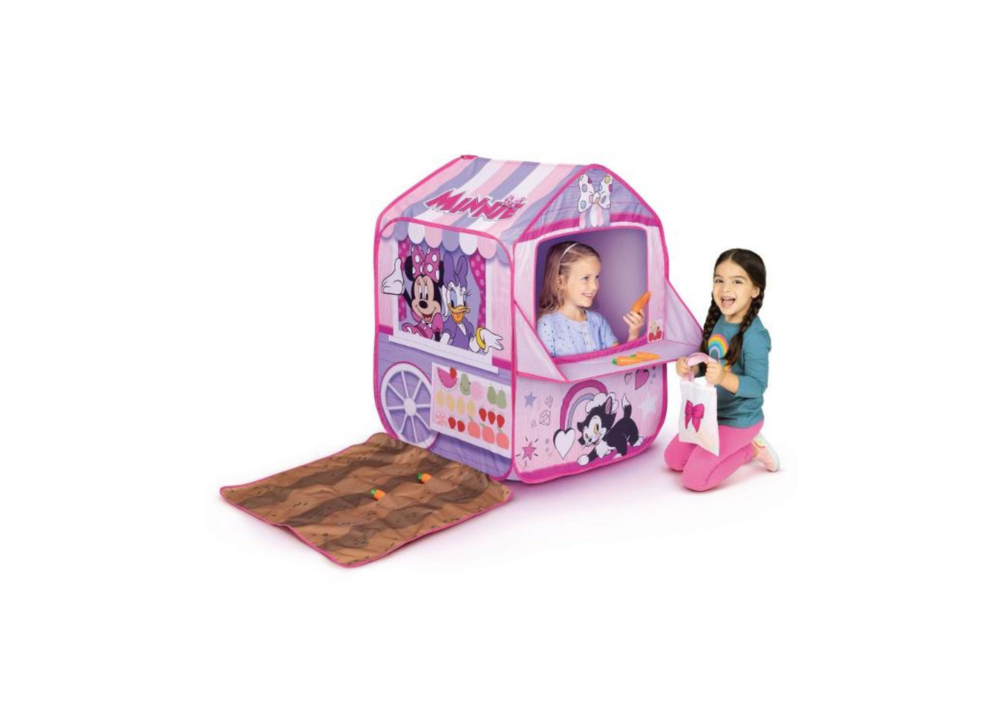 Minnie Mouse Feature Tent pink playhouse with two girls playing inside
