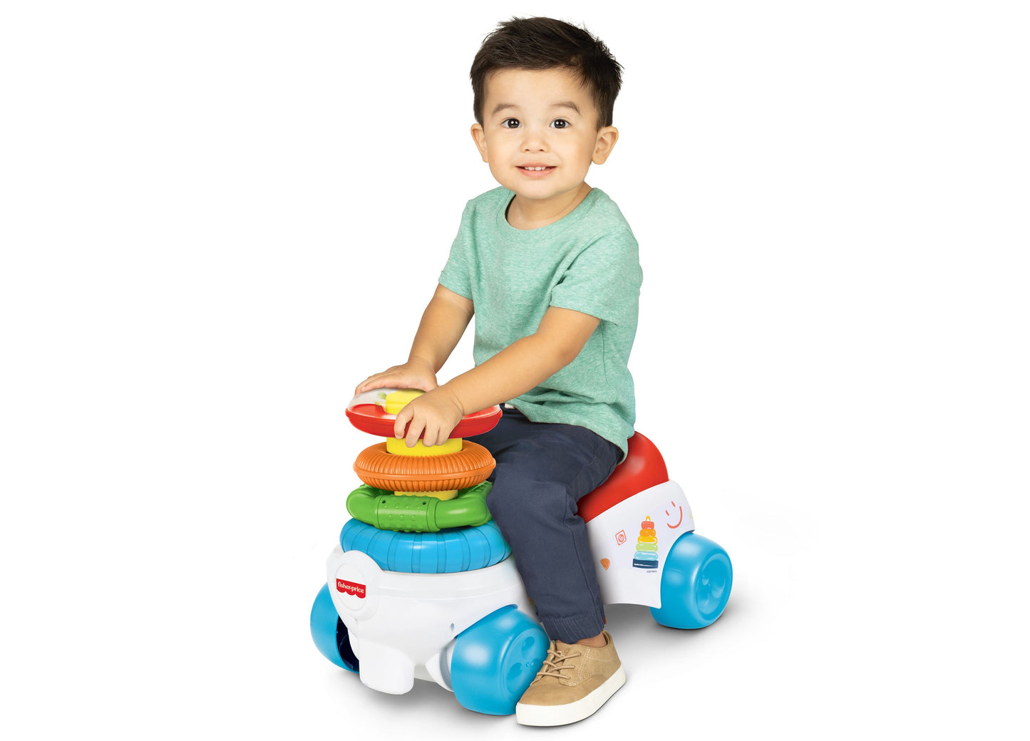 Fisher Price Rock a Stack Ride-On with stacking rings, blue wheels, toddler riding toy