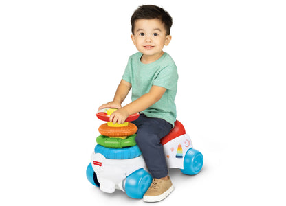 Fisher Price Rock a Stack Ride-On with stacking rings, blue wheels, toddler riding toy