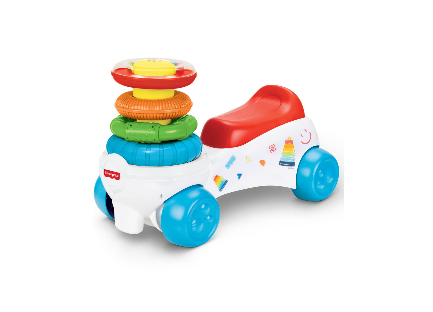 Fisher Price Rock a Stack Ride-On with stacking rings and blue wheels