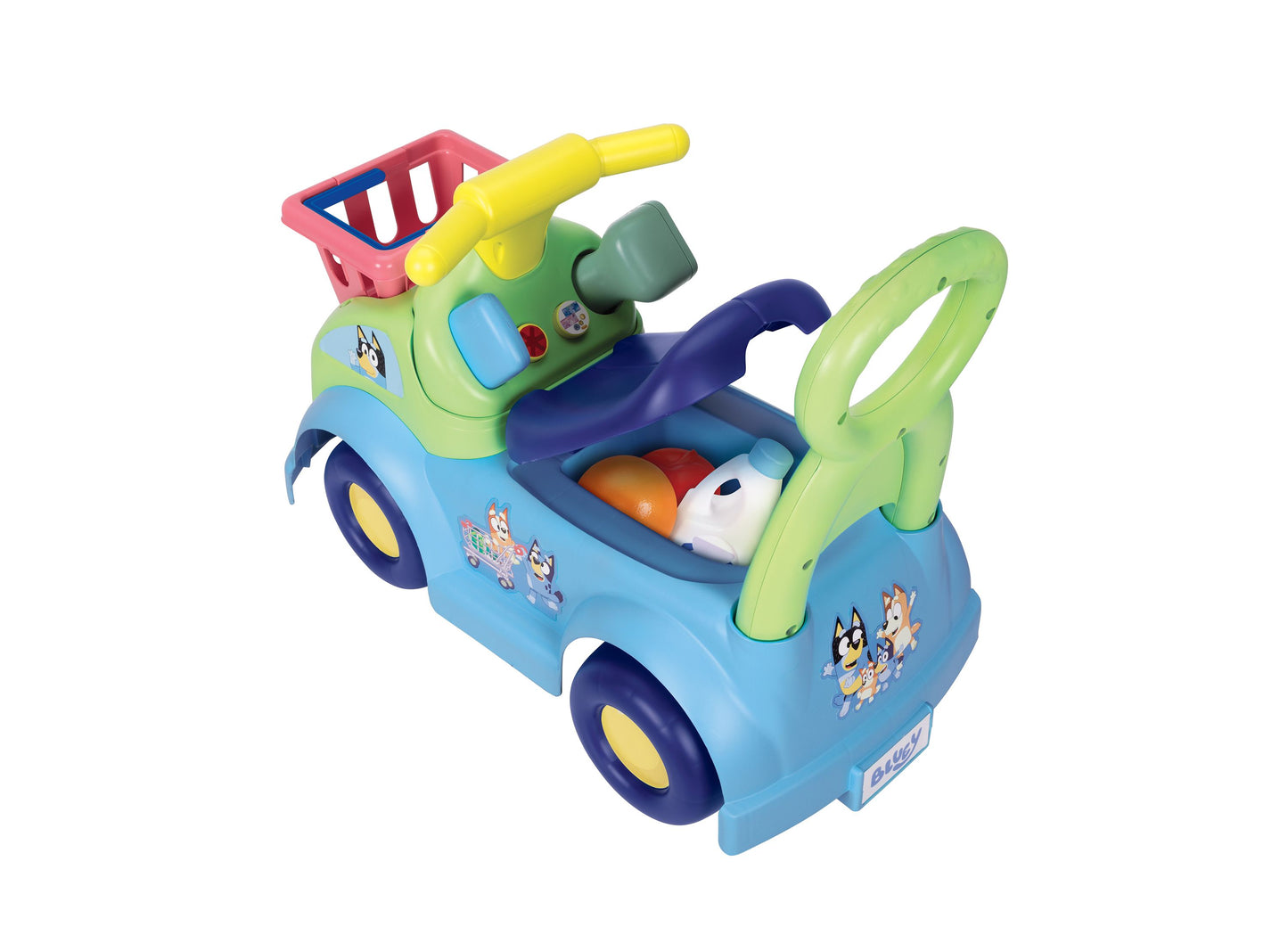 Bluey Shopping Cart Ride-On toy in blue, green and yellow with interactive features