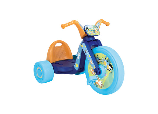 Bluey Fly Wheel Ride-On tricycle with blue wheels and orange handles