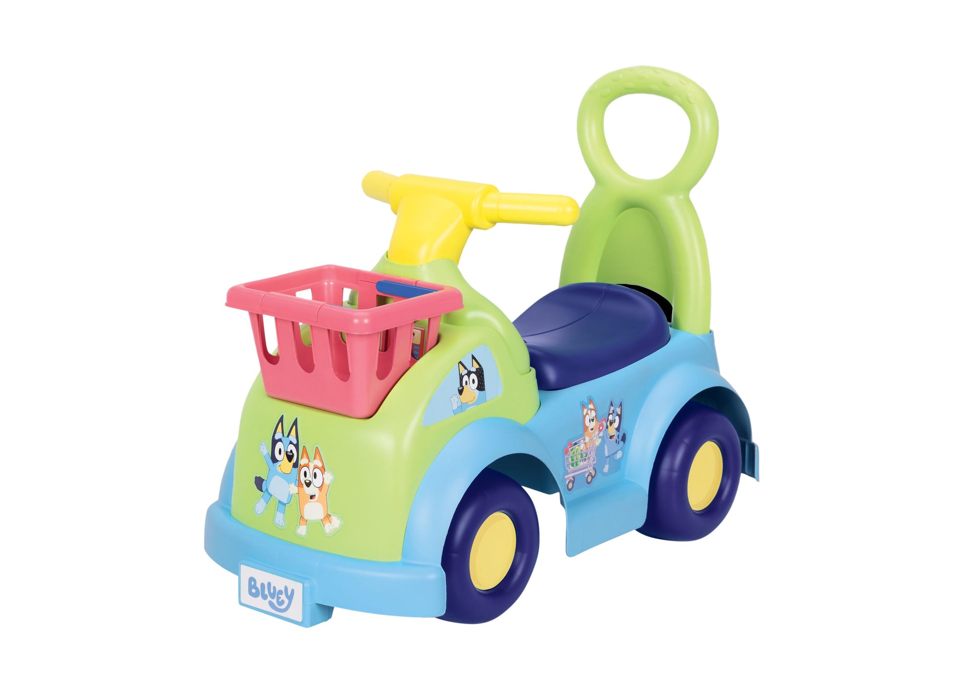 Bluey Shopping Cart Ride-On toy in blue, green and yellow with pink basket