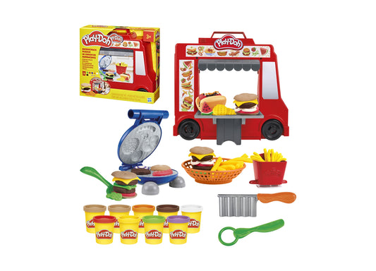 Play-Doh Burger Truck Creations playset with red food truck, waffle maker, play food pieces, multiple colored clay containers, and accessories