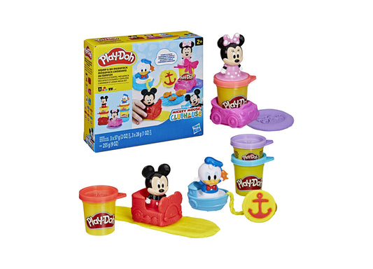 Play-Doh Disney Junior Mickey Mouse Stamp and Go Megapack with Mickey and Minnie Mouse figurines, Donald Duck character, Play-Doh containers, stamp tools, and a