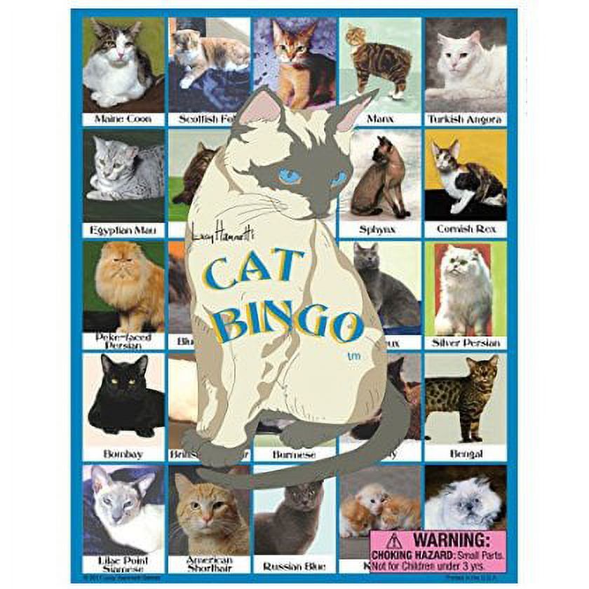 Cat Bingo game card featuring illustrated cat head in center with text 'CAT BINGO' surrounded by 24 photo squares of different cat breeds labeled with names lik