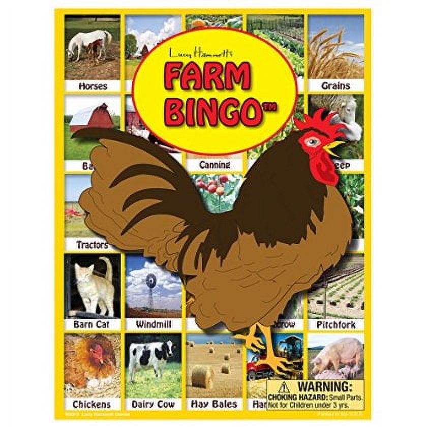 Farm Bingo game box featuring a rooster illustration in the center surrounded by photo cards labeled Horses, Grains, Barn, Canning, Tractors, Barn Cat, Windmill