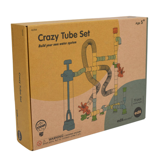 Crazy Tube Set box showing colorful tubes, connectors, and a pump to build a water system, for ages 5+