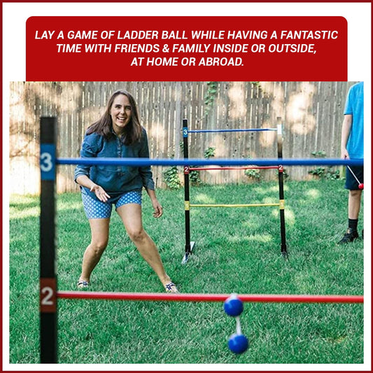 Girl playing ladder ball game in backyard with blue and red bolos, grass and wooden fence in background