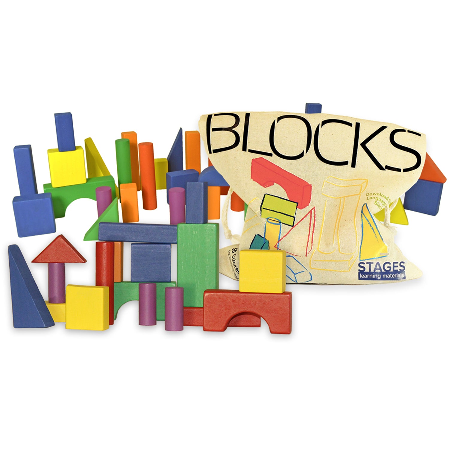 Stages Learning Materials Sensory Builder Blocks 50-piece set with colorful wooden blocks in various shapes and sizes next to cream storage bag