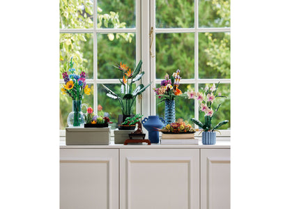 LEGO Cherry Blossoms Building Set 40725 with 430 pieces displaying colorful flower arrangements in vases on a windowsill