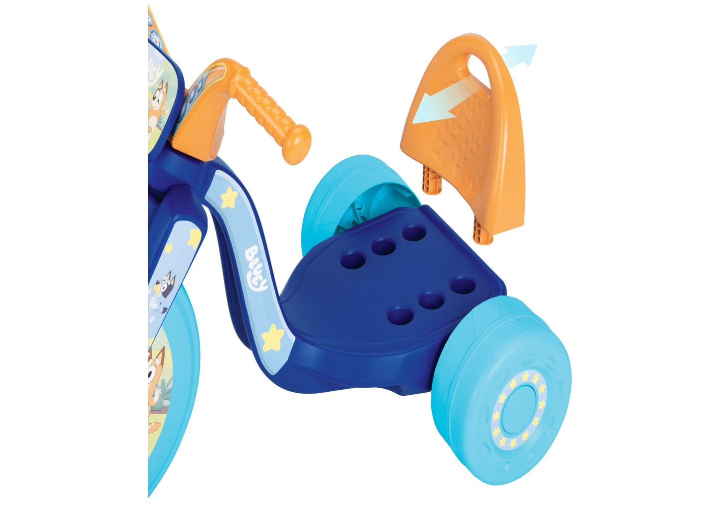 Bluey Fly Wheel Ride-On toy with blue body, orange wings, and turquoise wheels