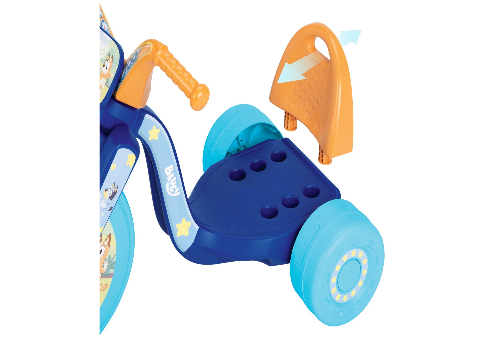 Bluey Fly Wheel Ride-On toy with blue body, orange wings, and turquoise wheels