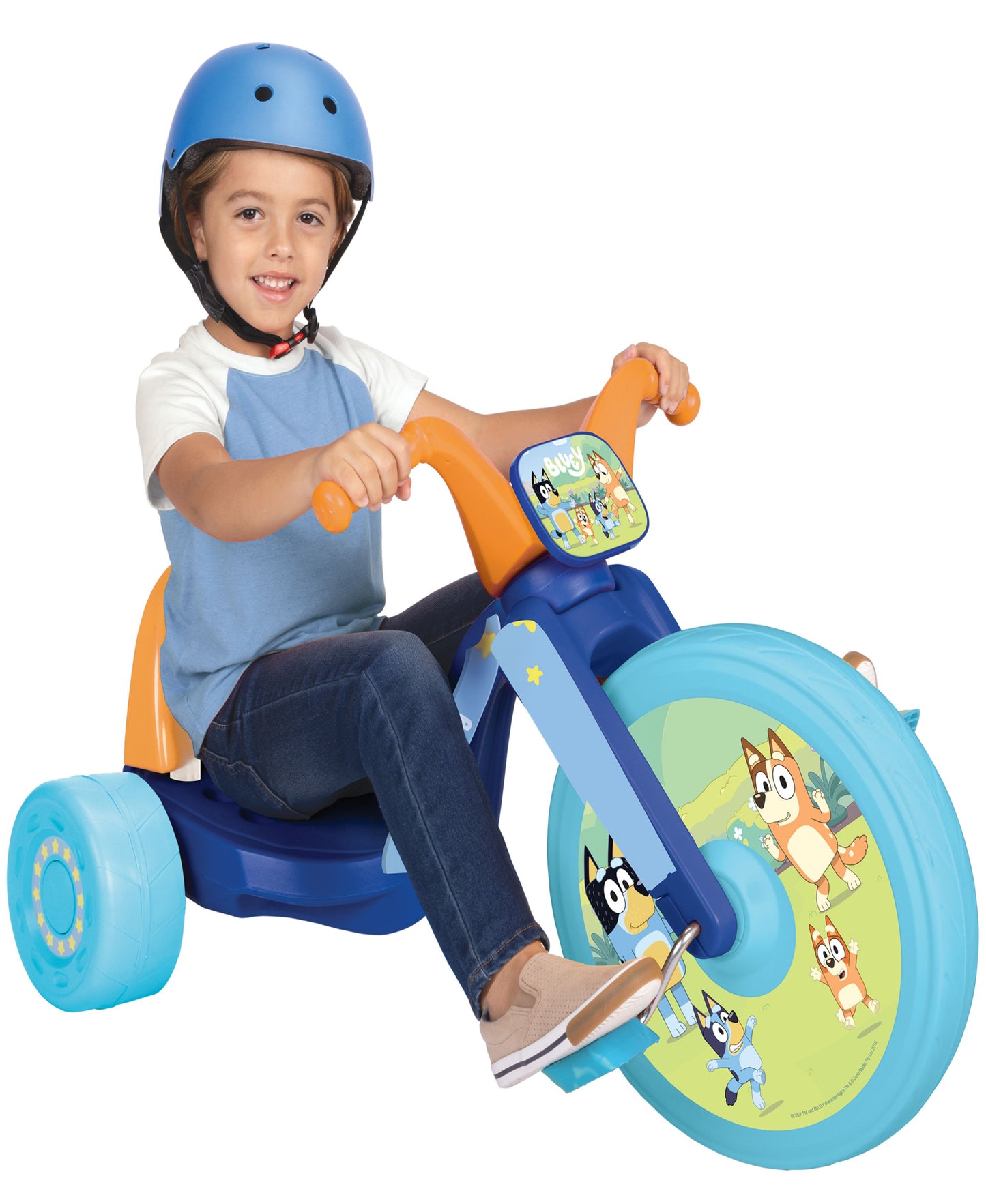 Bluey Fly Wheel Ride-On with child wearing blue helmet, blue and orange tricycle with character graphics