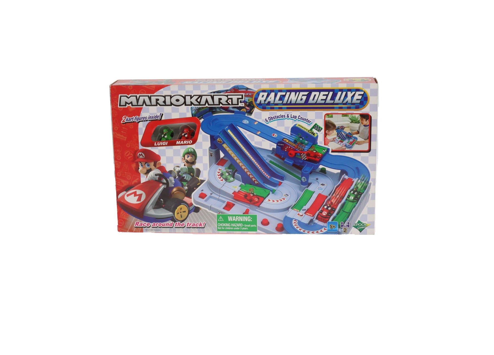 Super Mario Kart Racing Deluxe track set with Mario and Luigi figures, blue track with obstacles