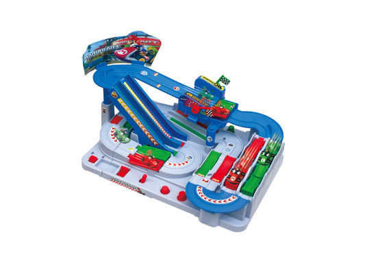 Super Mario Kart Racing Obstacle Course Track with blue ramp, colorful cars, and checkered finish line