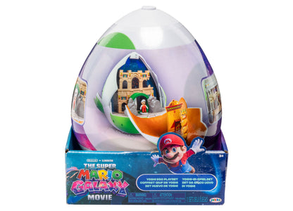 Super Mario Galaxy Movie Yoshi Egg Playset with castle, character figure, and accessory pieces in egg-shaped purple and green container