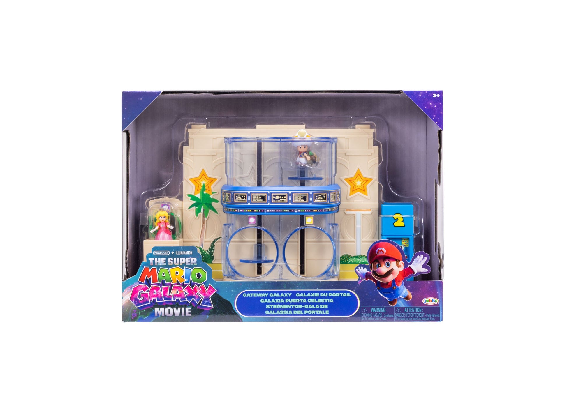 Super Mario Galaxy Movie Gateway Galaxy playset with blue and cream structure, circular platforms, character figures, and gold star decorations