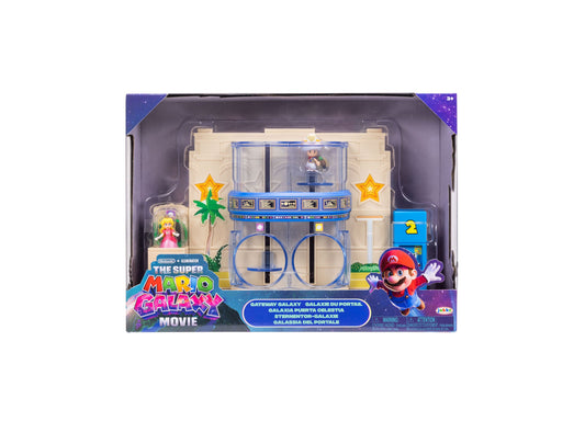 Super Mario Galaxy Movie Gateway Galaxy playset with blue and cream structure, circular platforms, character figures, and gold star decorations