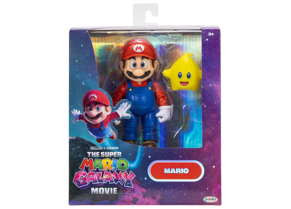 Super Mario Galaxy Movie Mario action figure set with 5-inch Mario figure in red cap and blue overalls, yellow star character, and small Mario illustration on p