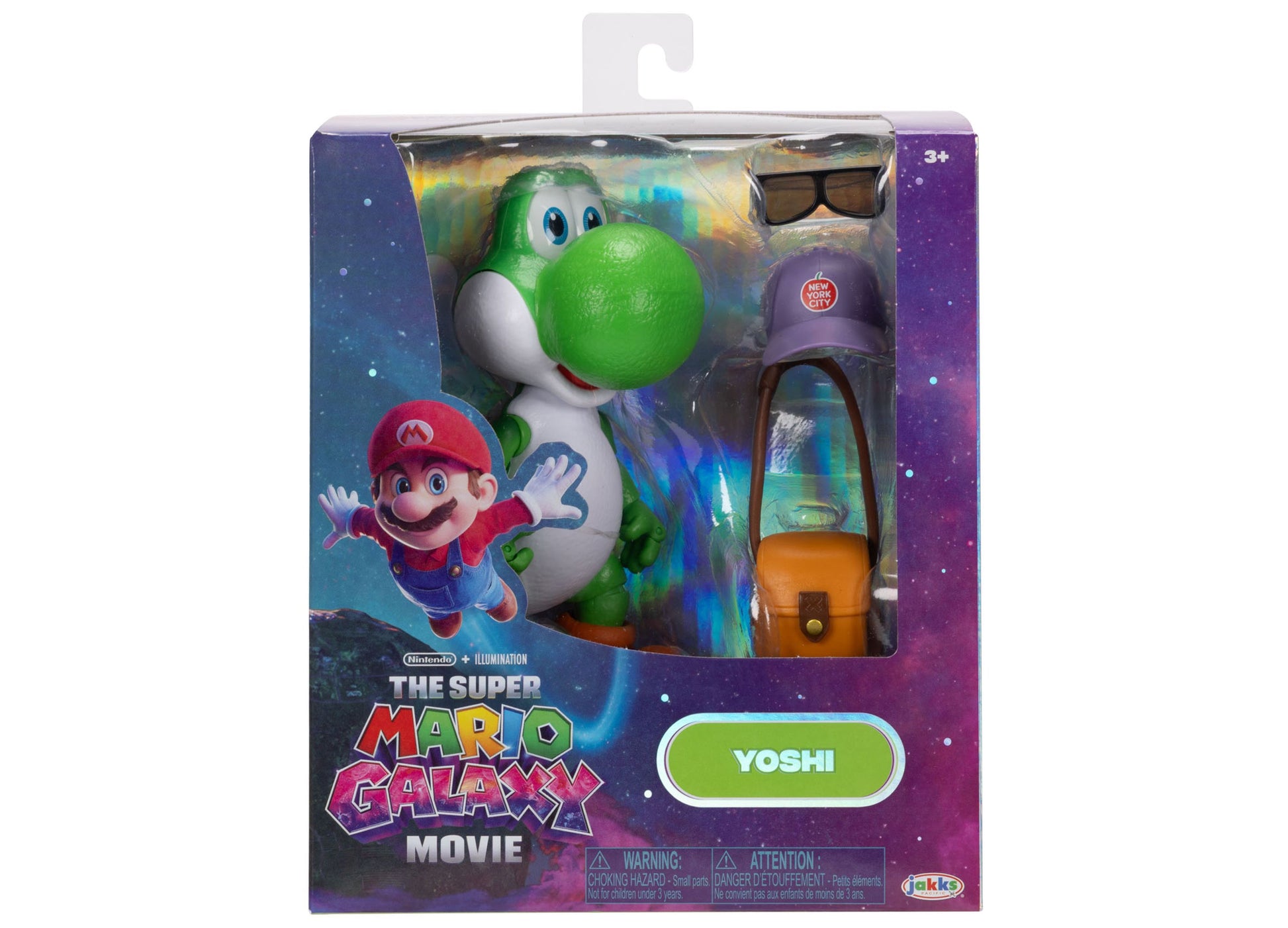Yoshi action figure from Super Mario Galaxy Movie collection, green dinosaur with white belly and large egg-shaped mouth, packaged with accessories and collecti