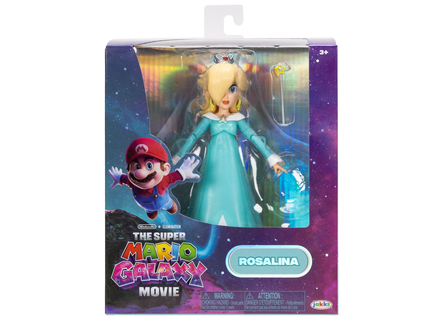 Rosalina action figure from Super Mario Galaxy Movie in turquoise gown with crown, packaged in purple box with Mario character artwork