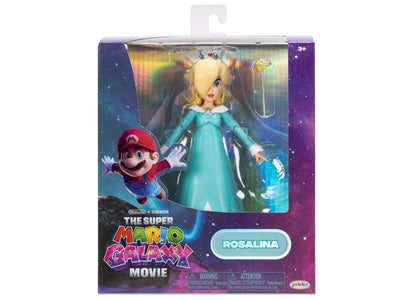 Rosalina action figure from Super Mario Galaxy Movie in turquoise gown with crown, packaged in purple box with Mario character artwork