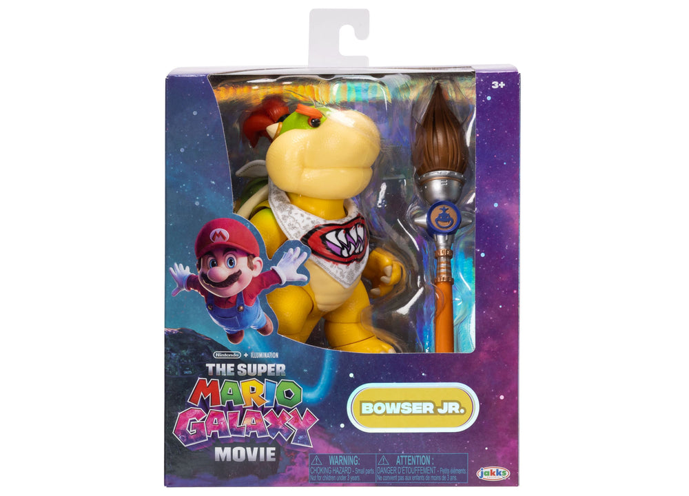 Bowser Jr. action figure from The Super Mario Galaxy Movie, 5-inch yellow character with red crown and fanged bib, includes accessory staff, packaged in galaxy-