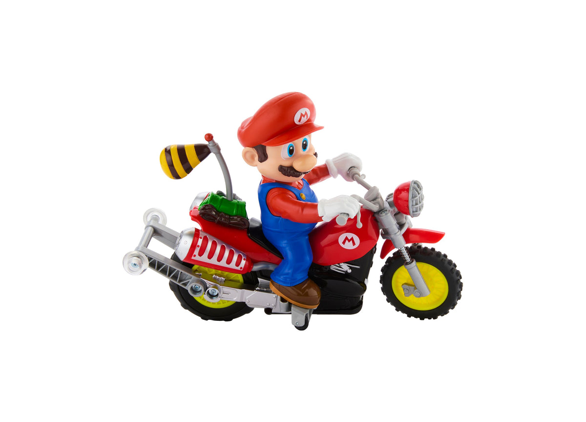 Hot Wheels Mario Wheelie Motocross RC Vehicle with Mario character figure on red bike with yellow wheels