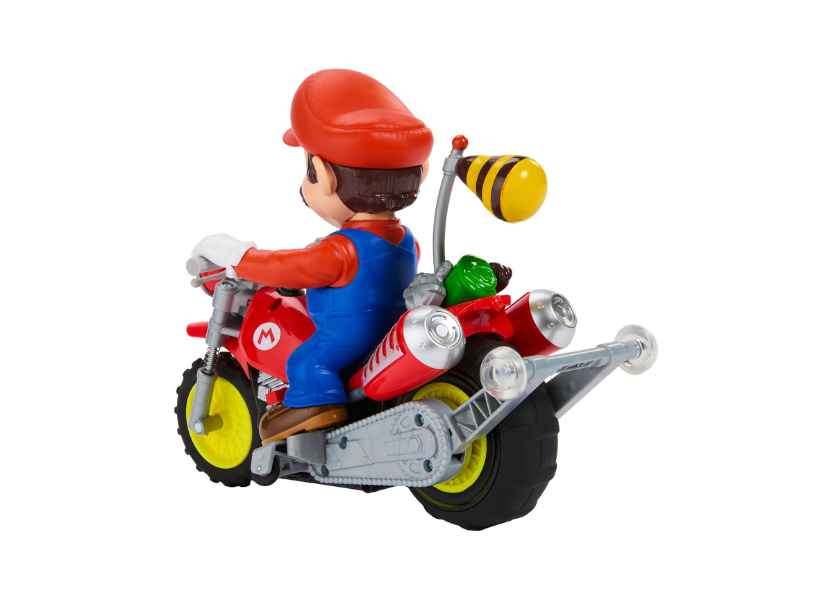 Hot Wheels Mario Wheelie Motocross RC Vehicle with red and blue Mario character figure on red motocross bike with yel...