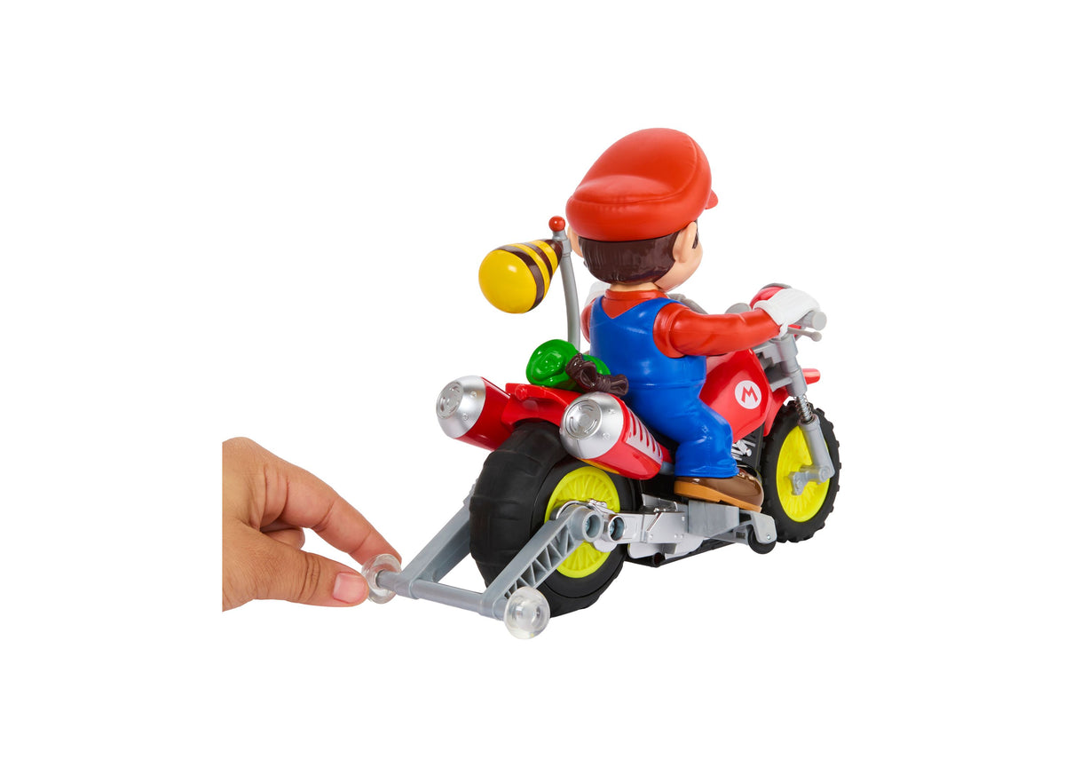 Hot Wheels Mario Wheelie Motocross RC Vehicle with red and blue Mario character figure on red motorcycle with yellow ...