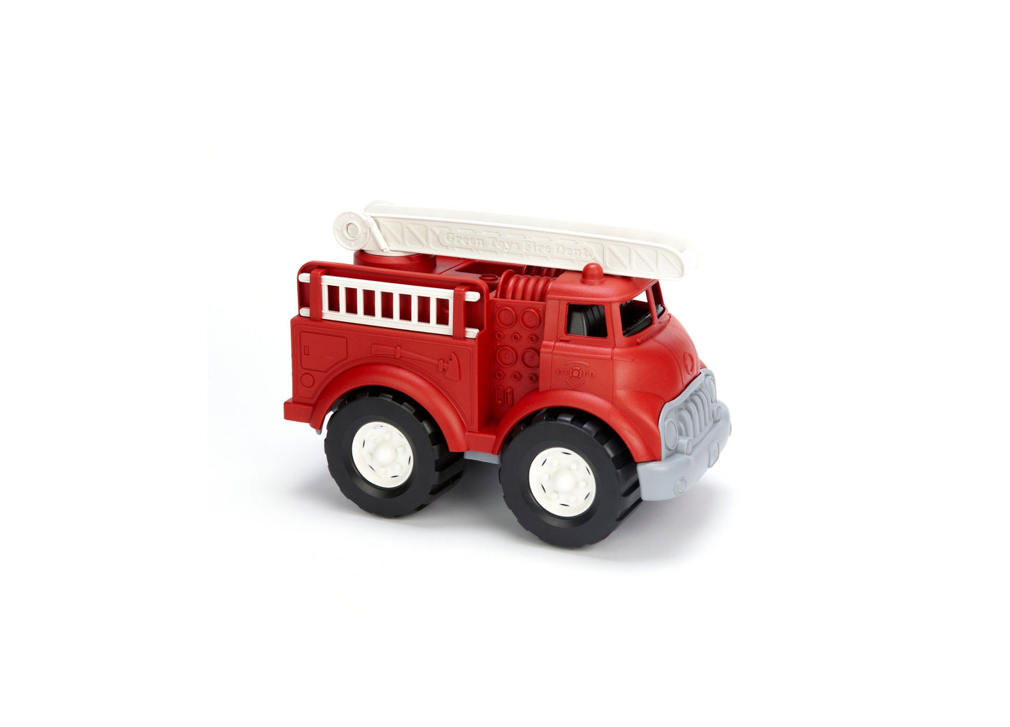 Green Toys Fire Truck in red with white ladder, black wheels, white accents