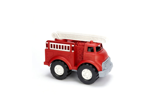 Green Toys Fire Truck in red with white ladder, black wheels, white accents