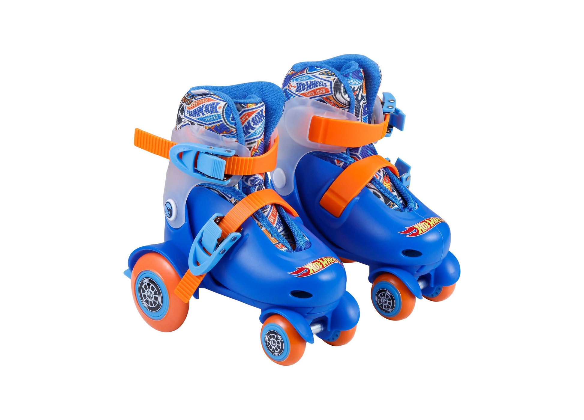 Hot Wheels Kids Trainer Skates in blue and orange with adjustable straps and wheels