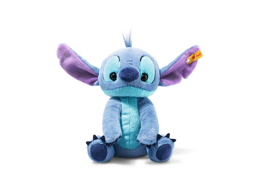 Steiff Disney Lilo & Stitch 9 inch plush toy with blue fur, purple ears, and Steiff tag