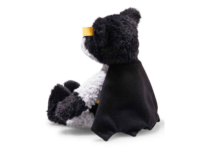 Steiff DC Batman 12 inch teddy bear with black fur, white chest, and yellow cape collar