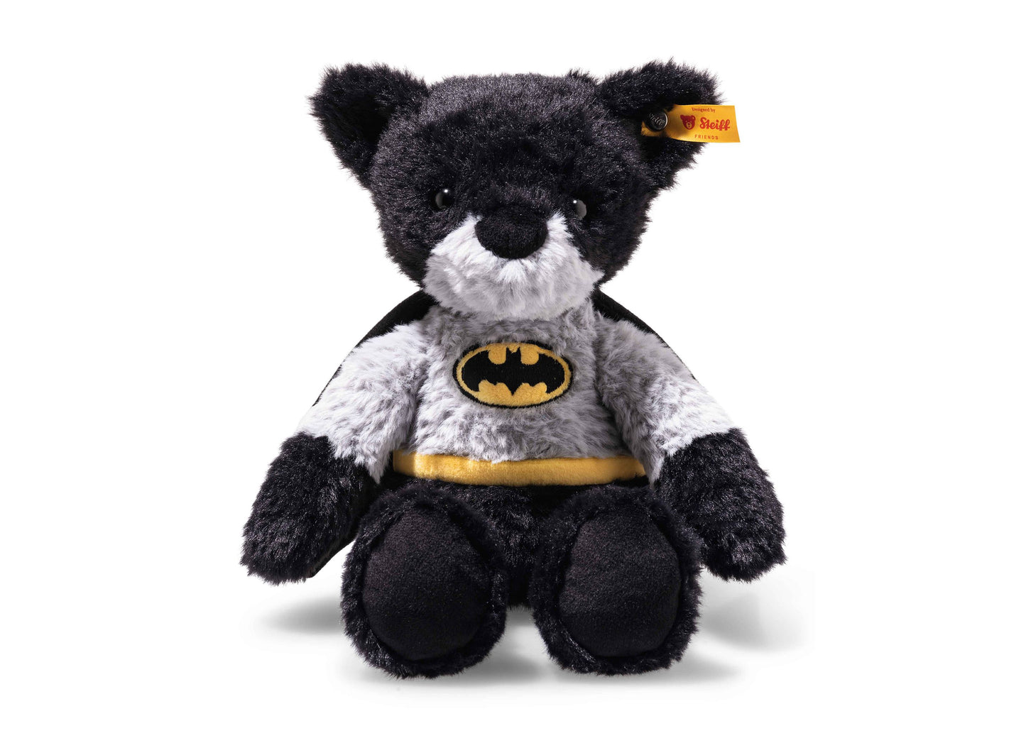 Steiff DC Batman 12" Teddy Bear with black fur, gray chest, and embroidered bat logo