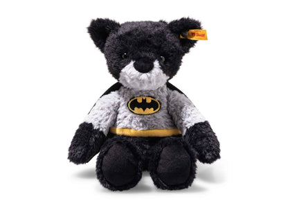 Steiff DC Batman 12" Teddy Bear with black fur, gray chest, and embroidered bat logo