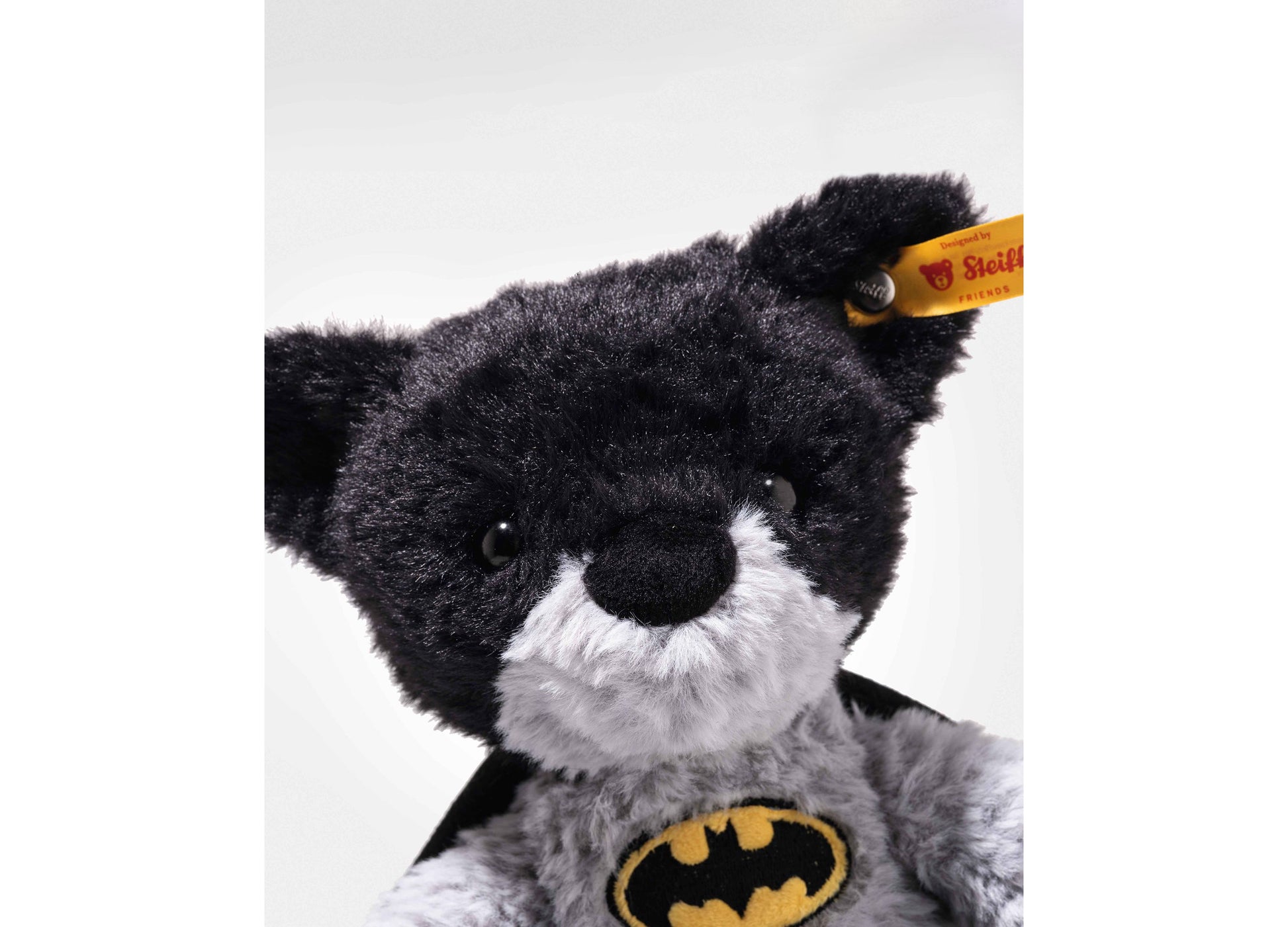 Steiff DC Batman 12" teddy bear with black and gray fur and Batman logo