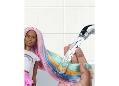 Barbie Rainbow Sparkle Hair Fashion Doll with extra-long rainbow hair in pink, blue, and gold, shown with styling acc...